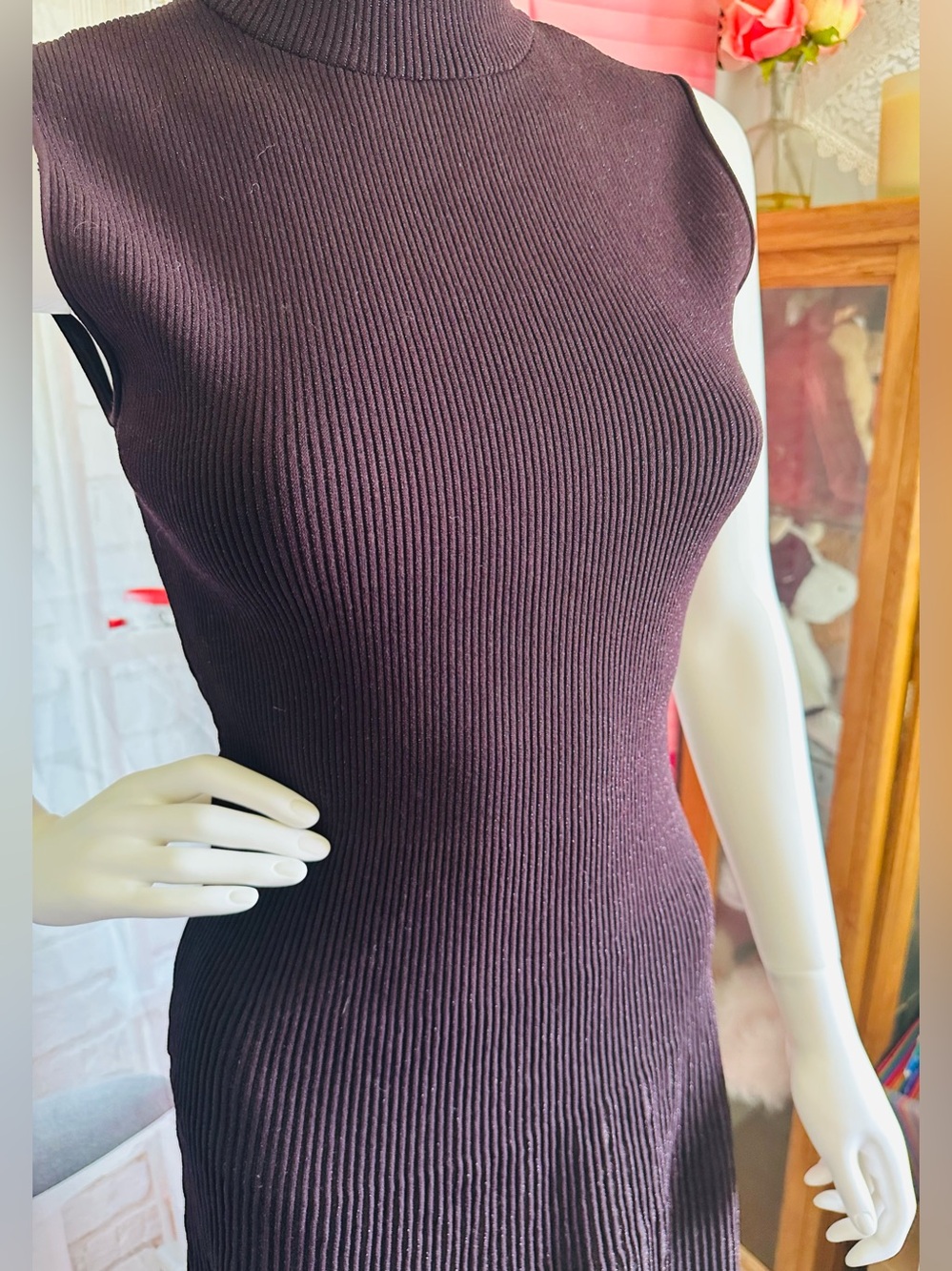 Theory Plaited Sleeveless Ribbed Knit Mock-Neck Dress—Plum - Picture 3 of 8